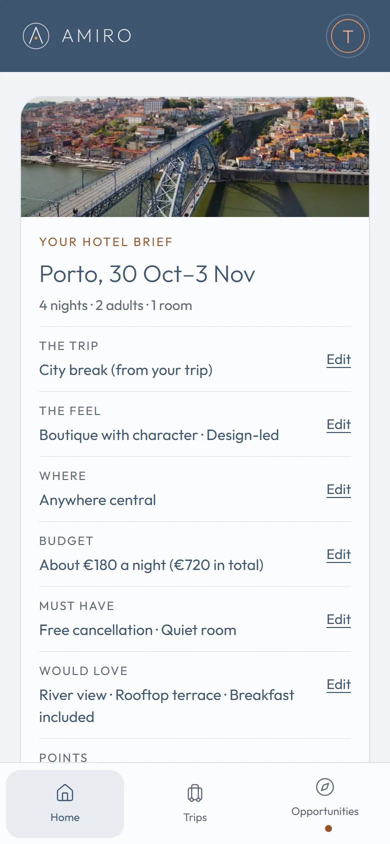 A hotel brief in Amiro for Porto, 4 nights for 2 adults: boutique and design-led, anywhere central, about €180 a night, must have free cancellation and a quiet room, would love a river view, a rooftop terrace and breakfast included.