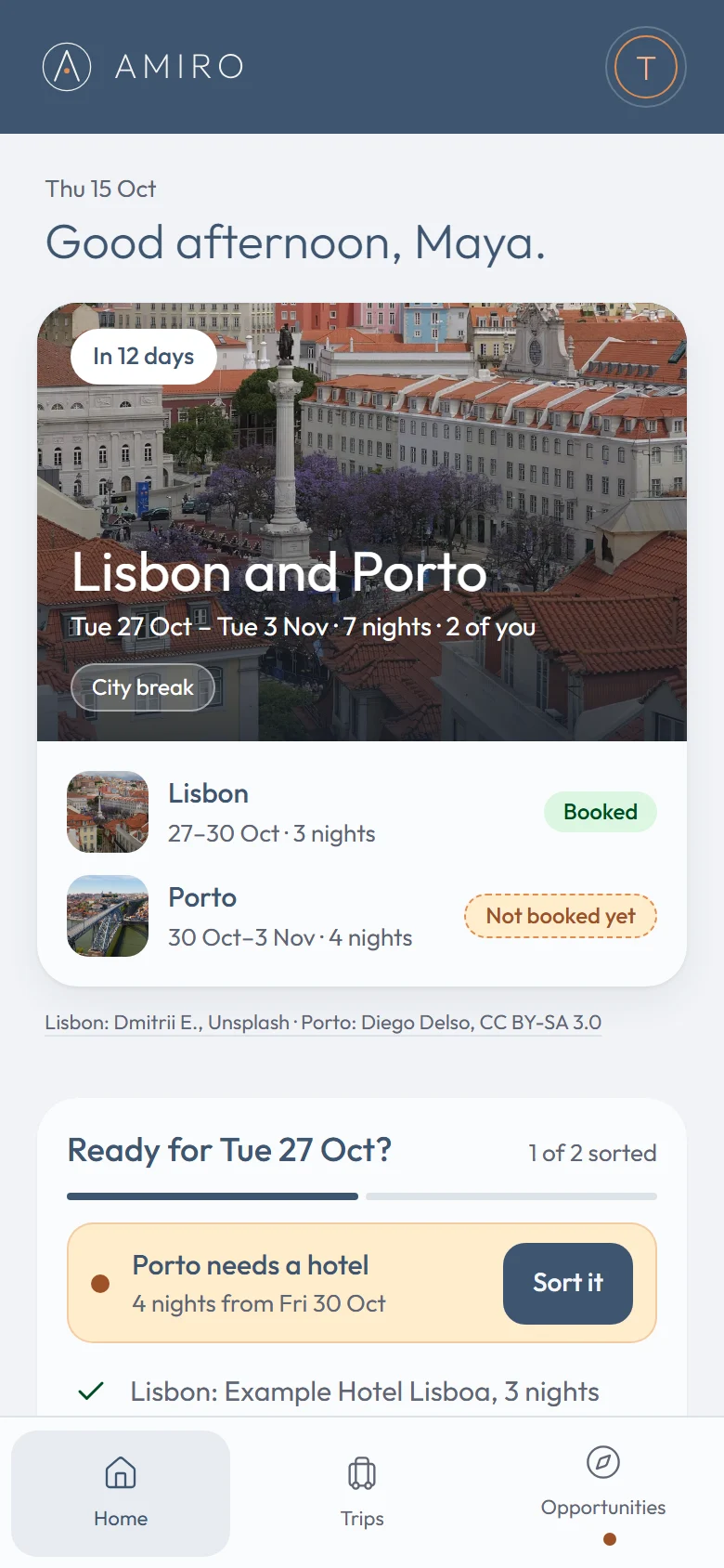 Amiro's Home screen: a Lisbon and Porto trip in 12 days, Lisbon booked, Porto not booked yet, and a readiness card saying Porto needs a hotel for 4 nights.